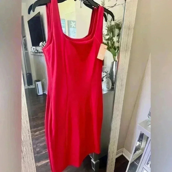 NWT POPILUSH Shapewear Dress Workwear Square Neck Sleeveless Midi - Holiday Red - Picture 8 of 11